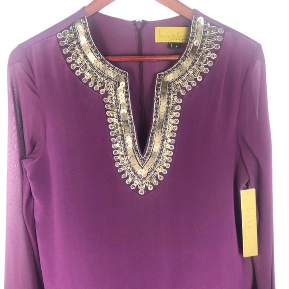 Nicole Miller Purple V Neck Shift Midi‎ Silk Dress Size 0P Indie Luxury Bohemian - Picture 6 of 8